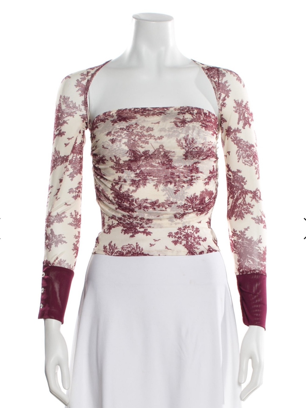 Miaou Ivory and Burgundy Toile Long Sleeve Ruched Top